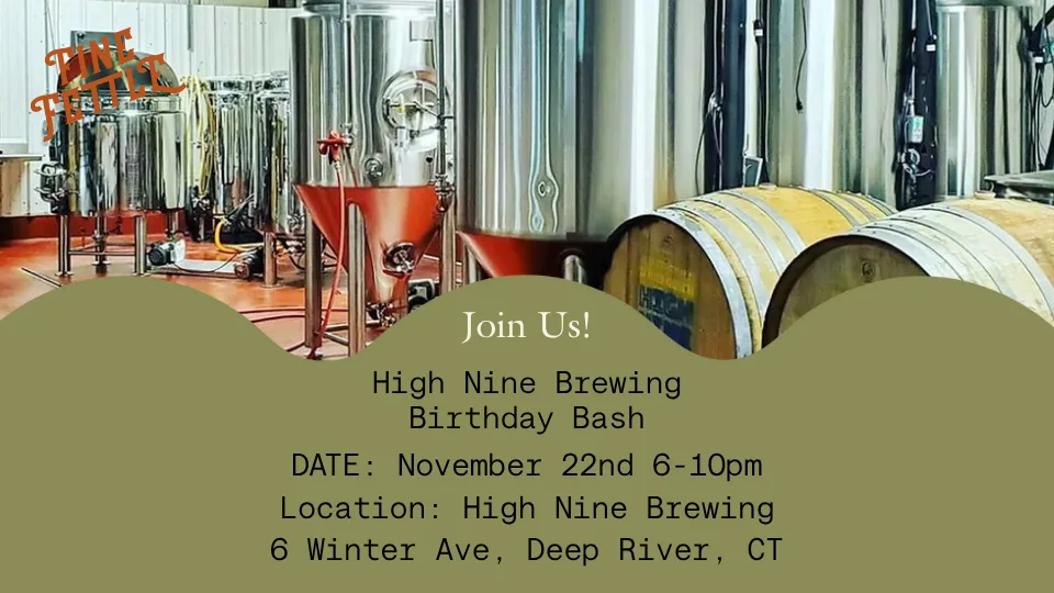 Invitation graphic for the Brewery Birthday Bash with event details overlaid on a photo of brewing tanks and barrels inside a brewery.