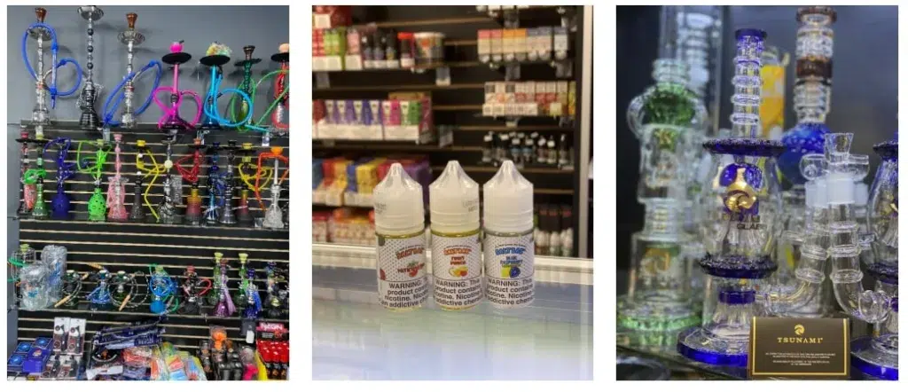 Three images: colorful hookahs on wall shelves, three vape juice bottles on a counter, and ornate glass water pipes displayed together.