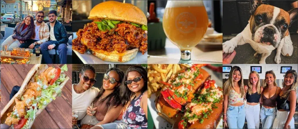 A collage of friends dining, enjoying drinks, and posing together, plus close-ups of a burger, lobster rolls, a hot dog, a beer, and a French bulldog.