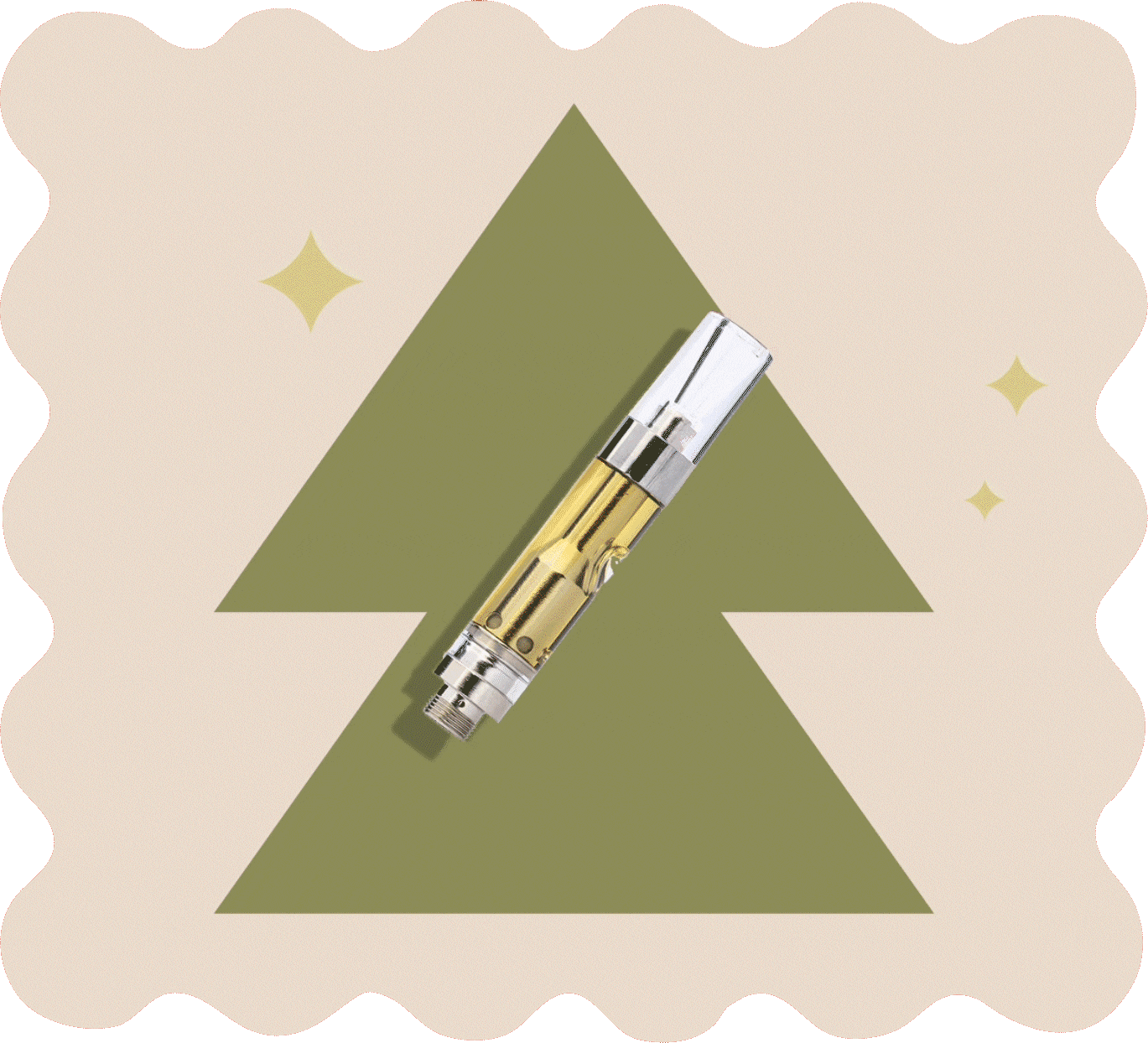 A vape cartridge is centered over a green Christmas tree graphic, with gold star accents on a scalloped beige background.