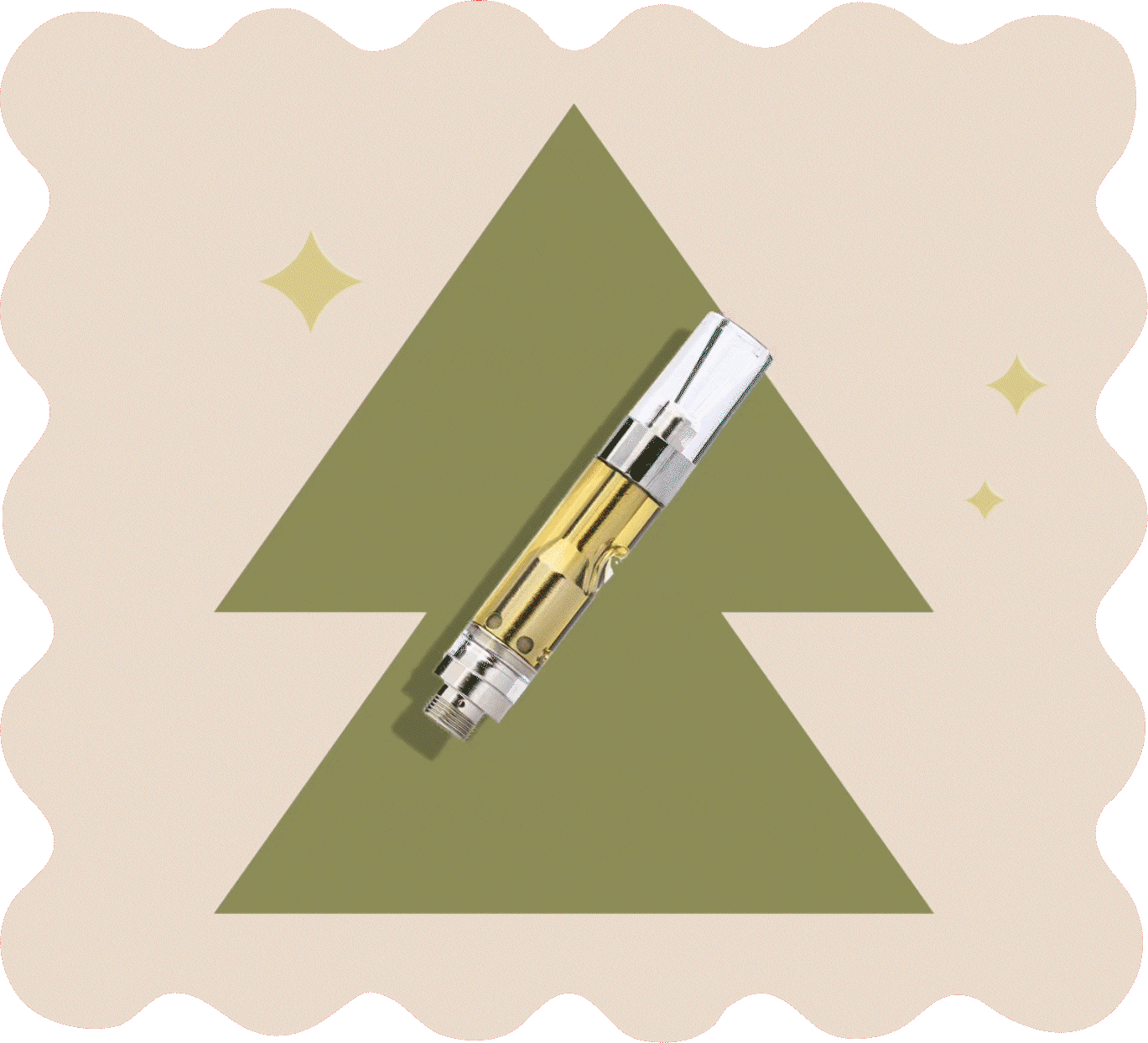 A cannabis vape cartridge is placed in front of a stylized green Christmas tree on a beige background with wavy borders and small star accents.