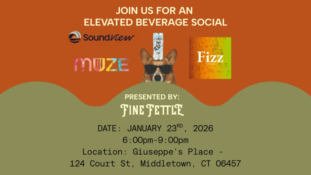 Event flyer for an elevated beverage social with logos, a corgi in sunglasses, event details, and location: Giuseppes Place, 124 Court St, Middletown, CT, January 23, 2026, 6-9pm.