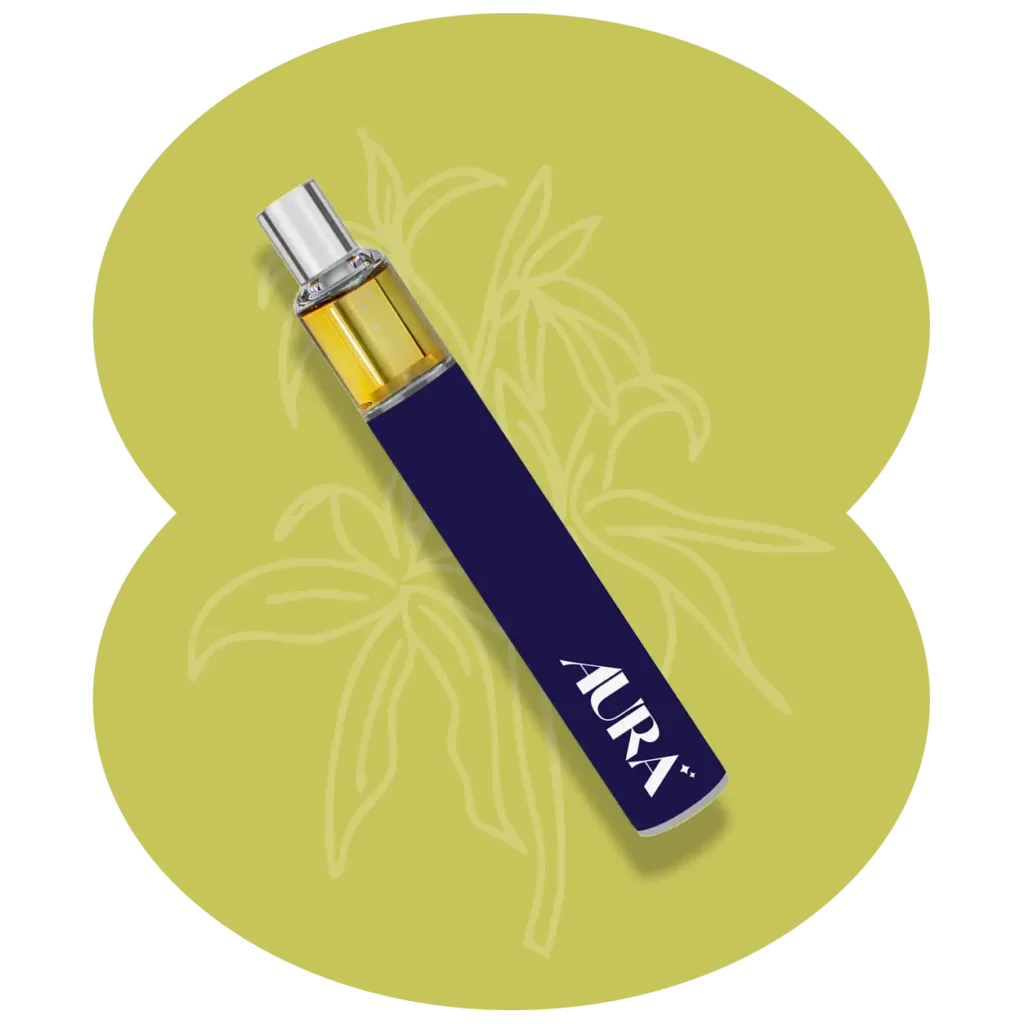 A perfume bottle with a navy blue and silver design labeled AURA lies diagonally on a yellow background with a faint floral outline.