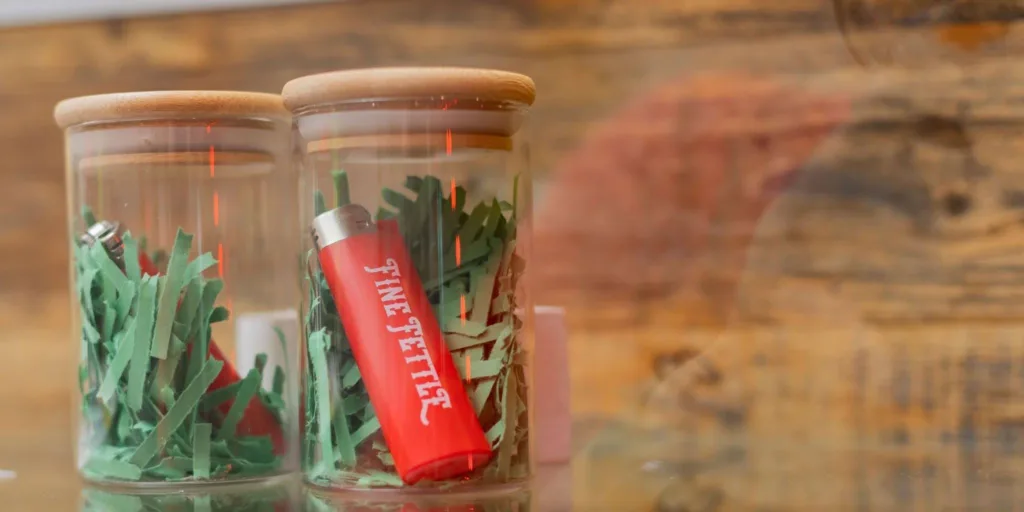 Two glass jars with wooden lids contain shredded green paper and red lighters; the jar on the right has a lighter labeled FINEFETTLE. The background is wooden.