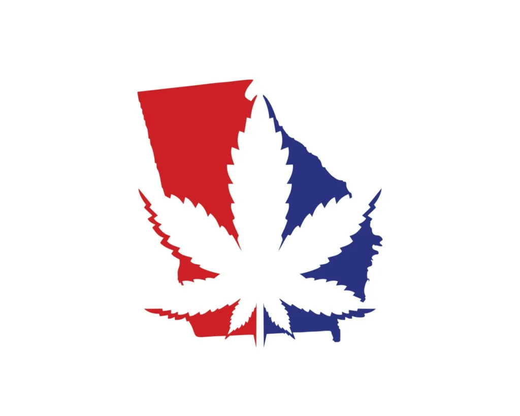 Red, white, and blue map of Georgia with a white cannabis leaf cutout.