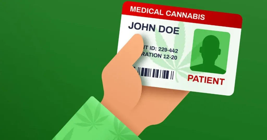 Illustration of a hand holding a medical cannabis ID card labeled JOHN DOE with a barcode and patient info against a green background.