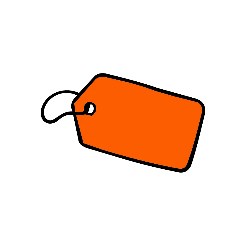 A simple illustration of an orange price tag with a black outline and a black loop on a plain white background.