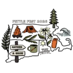 Illustrated map of Massachusetts with flowers, pine trees, a campfire, tent, cup, jar, wave, and signs reading Gather & Grow and Fine Fettle. Text: Fettle Fest 2026..