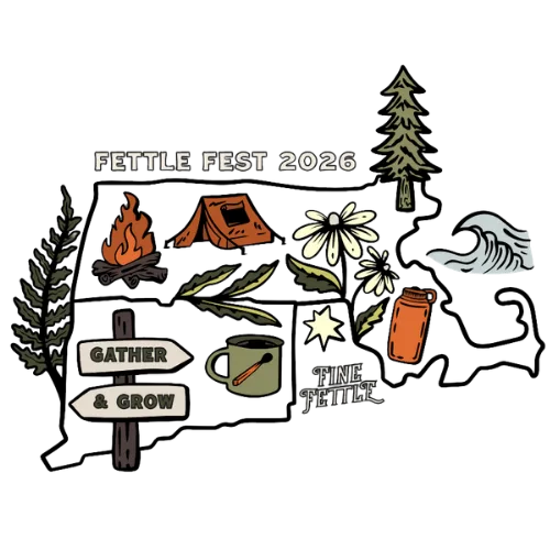 Illustrated map of Massachusetts with flowers, pine trees, a campfire, tent, cup, jar, wave, and signs reading Gather & Grow and Fine Fettle. Text: Fettle Fest 2026..
