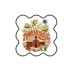 Illustration of a building, flowers, and leaves with Manchester Silk City in bold orange text, and a small green label saying Rec Only. The words Fine Fettle appear at the bottom.