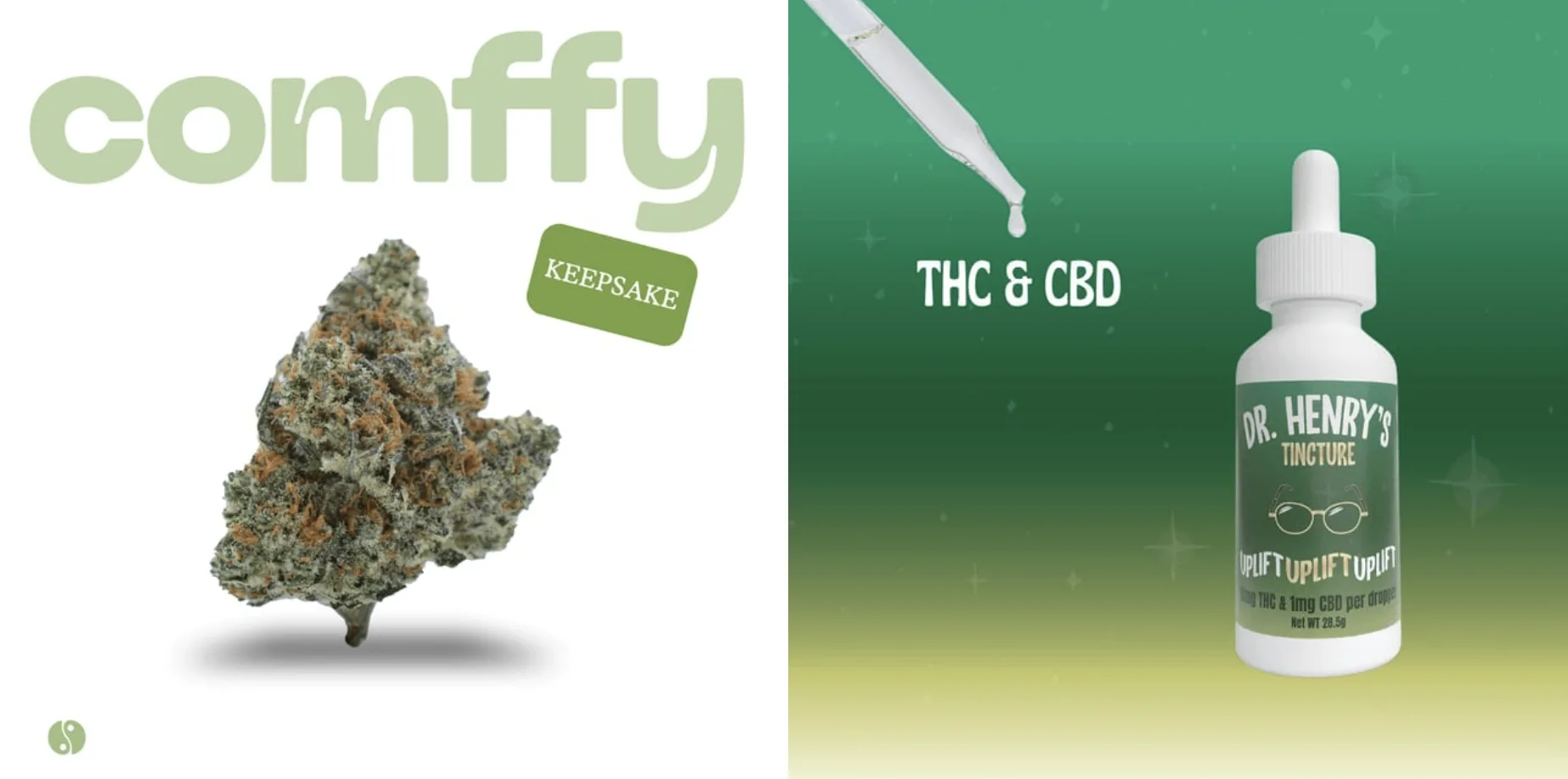 A cannabis flower bud labeled comffy keepsake next to a white dropper bottle of Dr. Henrys THC & CBD tincture.